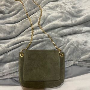 Olive Green Suede Shoulder Bag with Gold Chain
